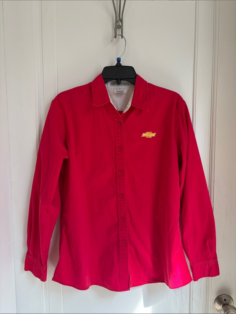 Port Authority Red Long-Sleeve Button Down Shirt with Yellow Embroidered Logo